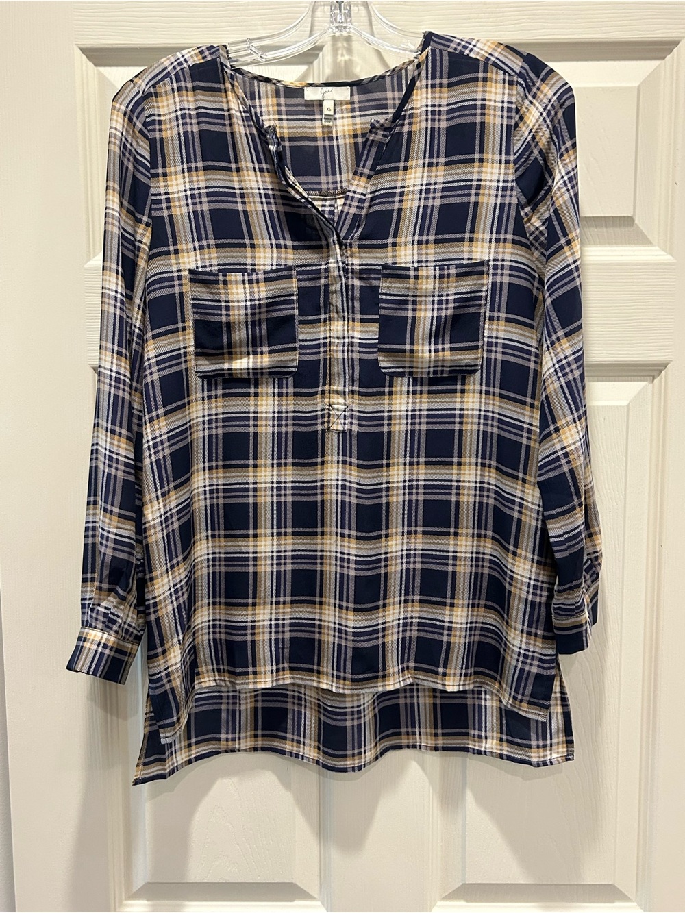 Joie Navy Plaid Split-Neck Tunic with Beige Accents